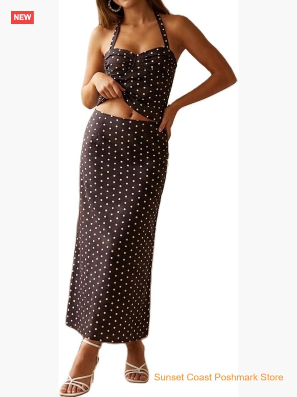 Polka Dot 2 Piece Skirt Set Halter Cami Top Bodycon Maxi Skirt Y2K Beach